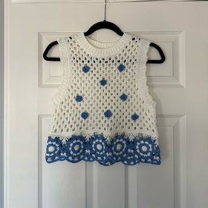 Zara Floral Crochet Knit Top Blue/White S